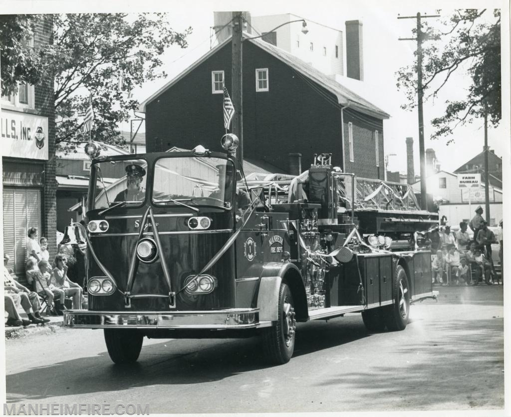 1959 Seagrave Quint, combination pumper and 85 ft. aerial ladder. Paid $42,319. 750 gpm pump, 250 gallon water tank. 1st cab-ahead engine in eastern US. Placed into service in 1960. Gas engine converted to Detroit Diesel in February 1976. Sold in 1987 to Jon's Used Fire Equipment for $30,000.